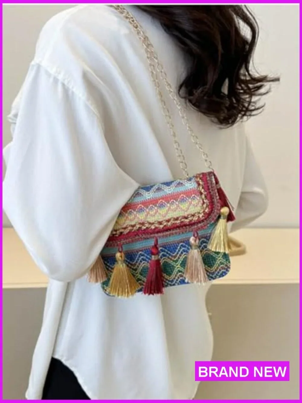 Boho Handwoven Crossbody Bag Gold Chain Tassel Strawberry Keychain Summer - Picture 2 of 7